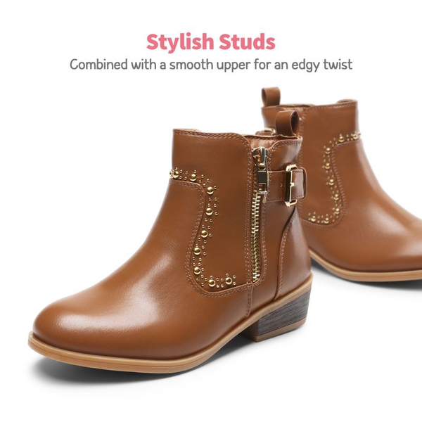 Girls Low Heel Zipper Ankle Boots - CAMEL - 1